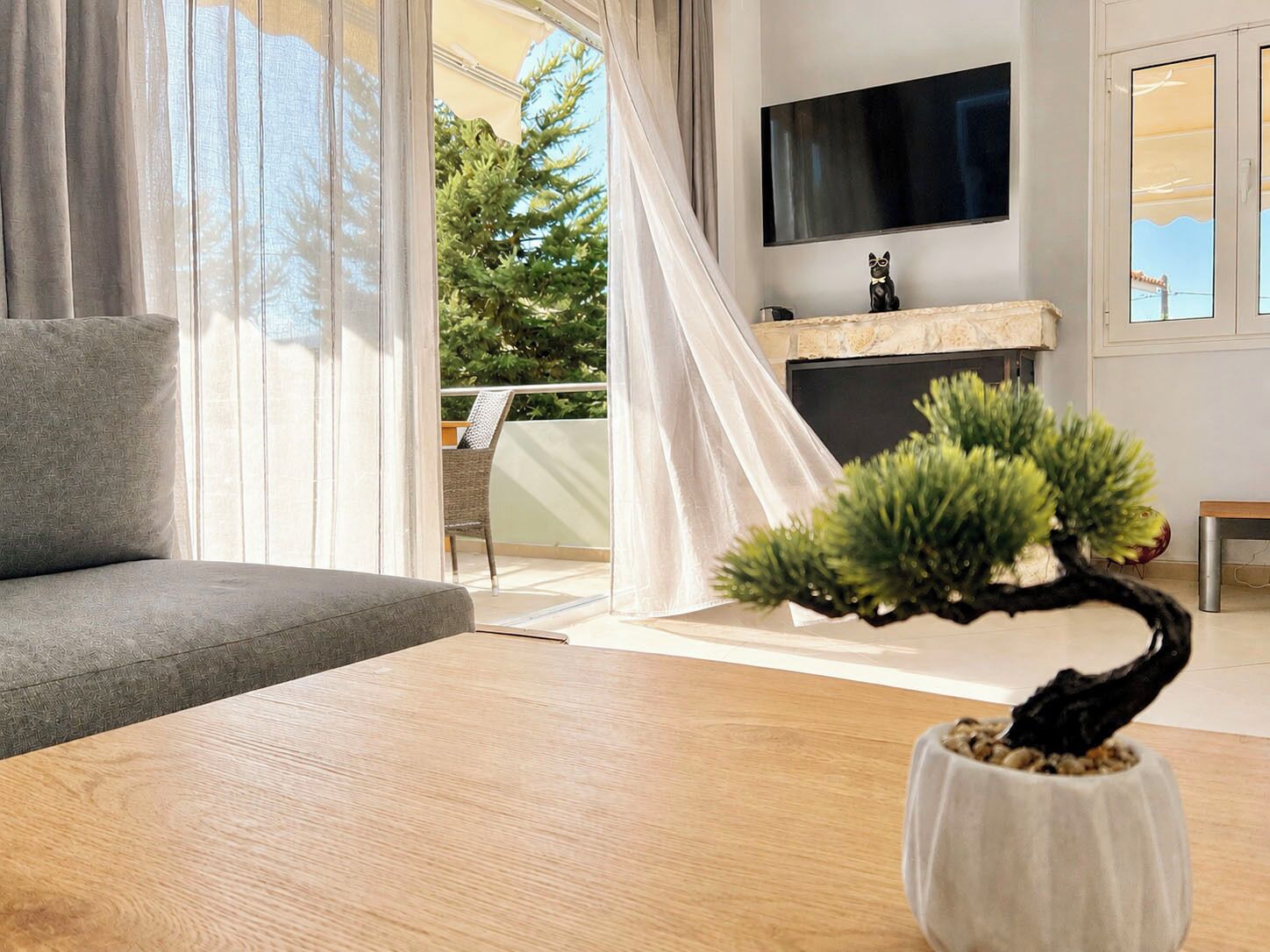 Uma sala de estar moderna com um sofá cinzento, uma mesa de centro de madeira, um bonsai, uma televisão de tela plana e uma lareira.