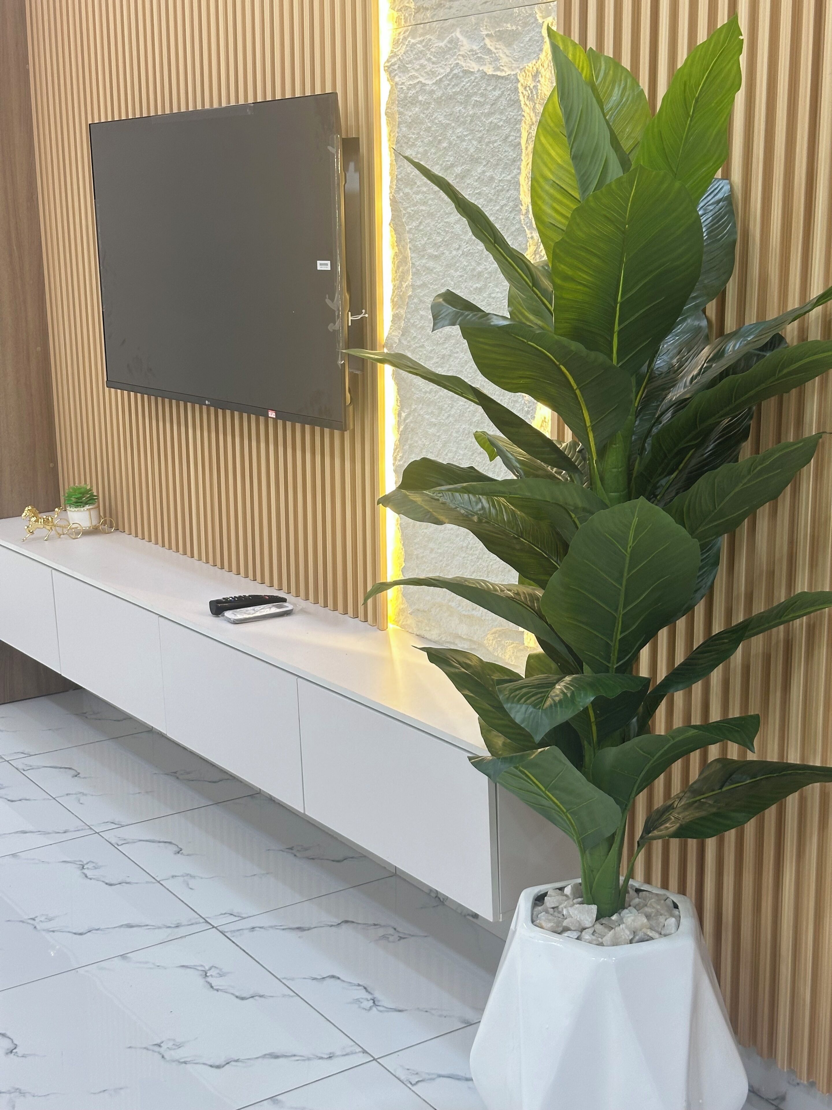 Un saló modern amb un televisor de pantalla plana penjat a la paret, un moble blanc per a l'aparell d'àudio i un gran vas de planta.