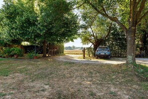 A gravel path leading to a parked car in a wooded area with trees and potted plants.