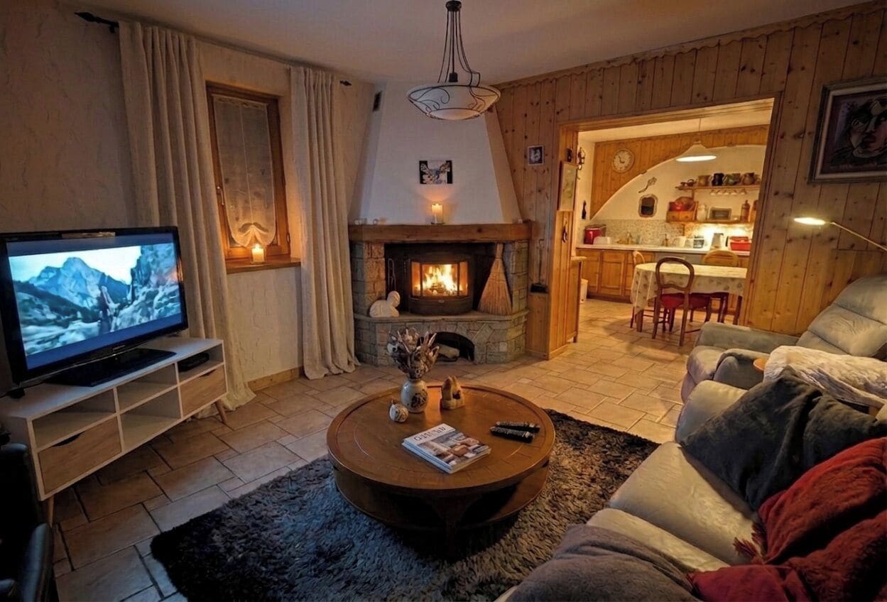 A cozy living room with a fireplace, a television, and a comfortable seating area.