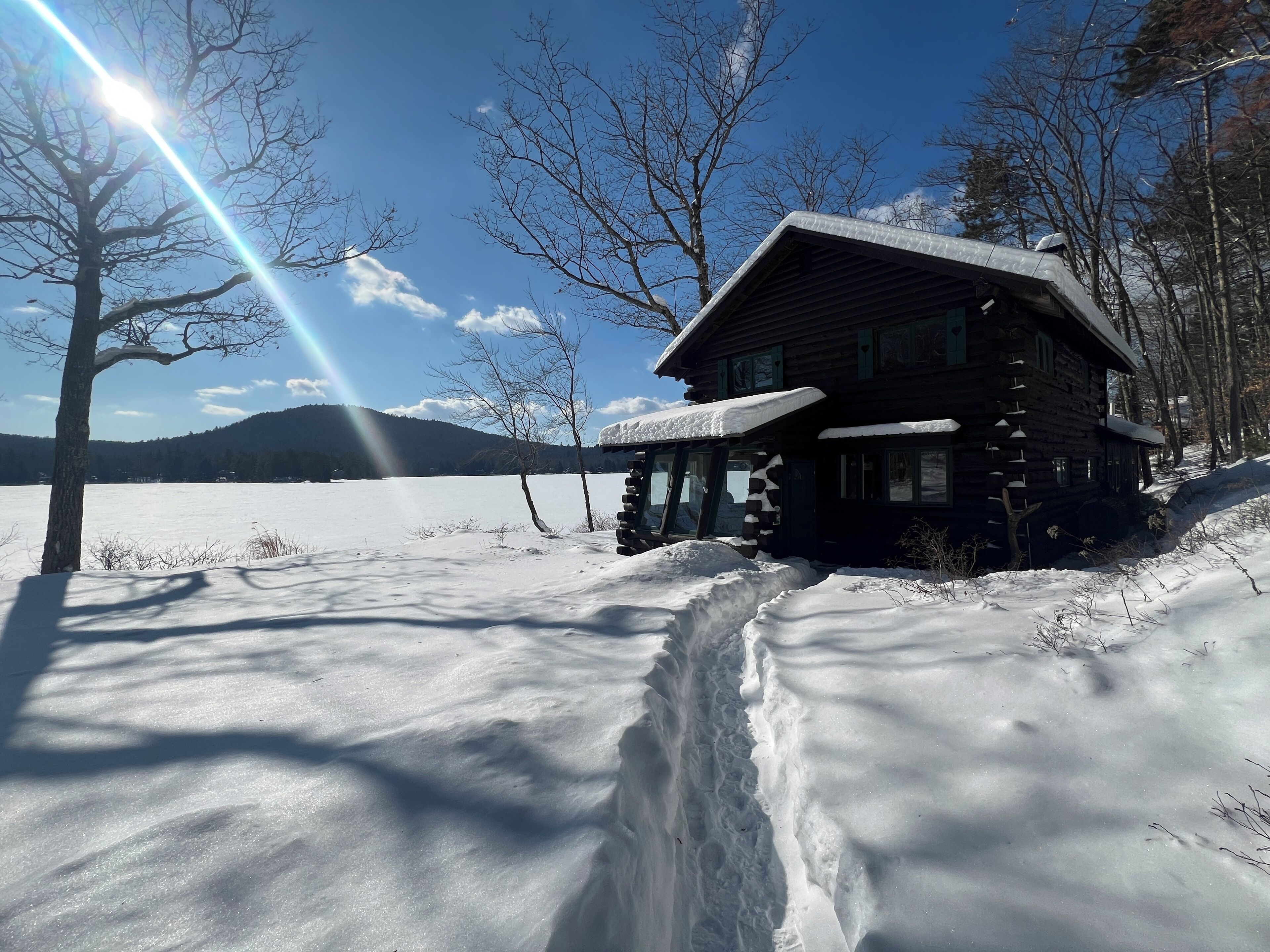 A log cabin with a snow-covered roof, surrounded by a snowy landscape and leafless trees.