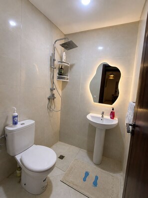 A bathroom with a toilet, sink, shower, and a mirror. - Family Apartment for 4–5 People (Fes)
