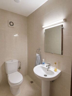 Ein Badezimmer mit Toilette, Waschbecken, Spiegel und Handtuchhalter.