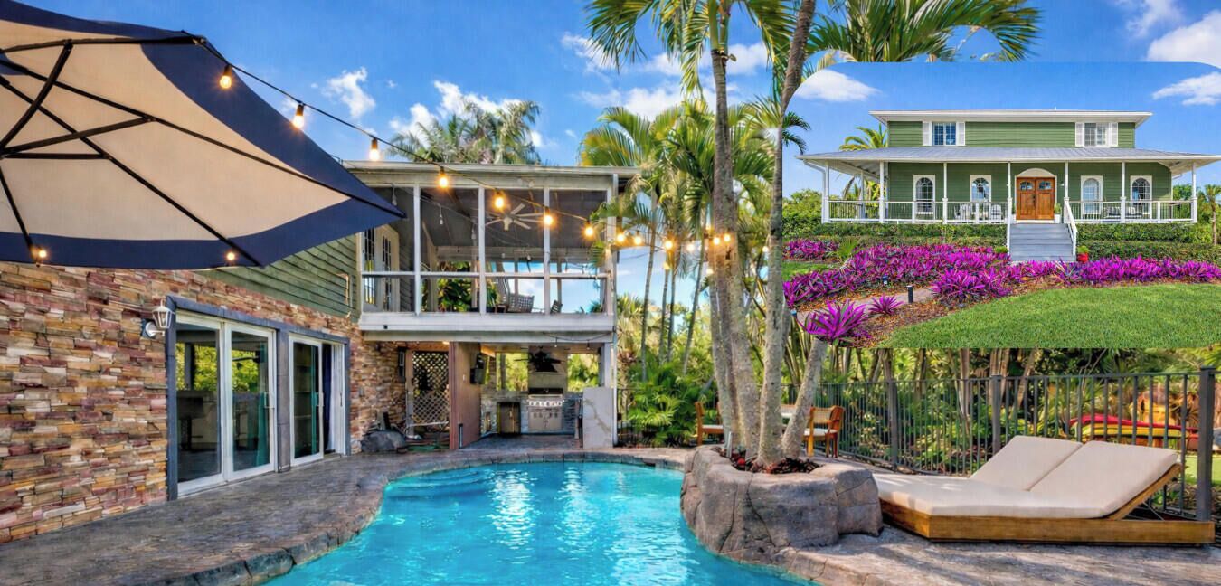 Ein Haus mit Swimmingpool, einer überdachten Terrasse und einem üppigen Garten mit violetten Blumen.