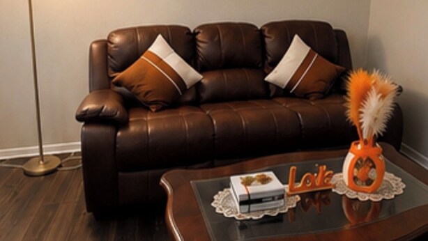 A brown leather sofa with white and brown pillows, a glass coffee table with a white object and an orange vase with feathers, and a tall floor lamp.