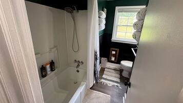 A bathroom with a bathtub, shower, toilet, and sink.