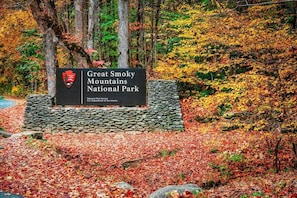 Schild für den Great Smoky Mountains National Park, mit Steinsockel und umgeben von Herbstlaub.
