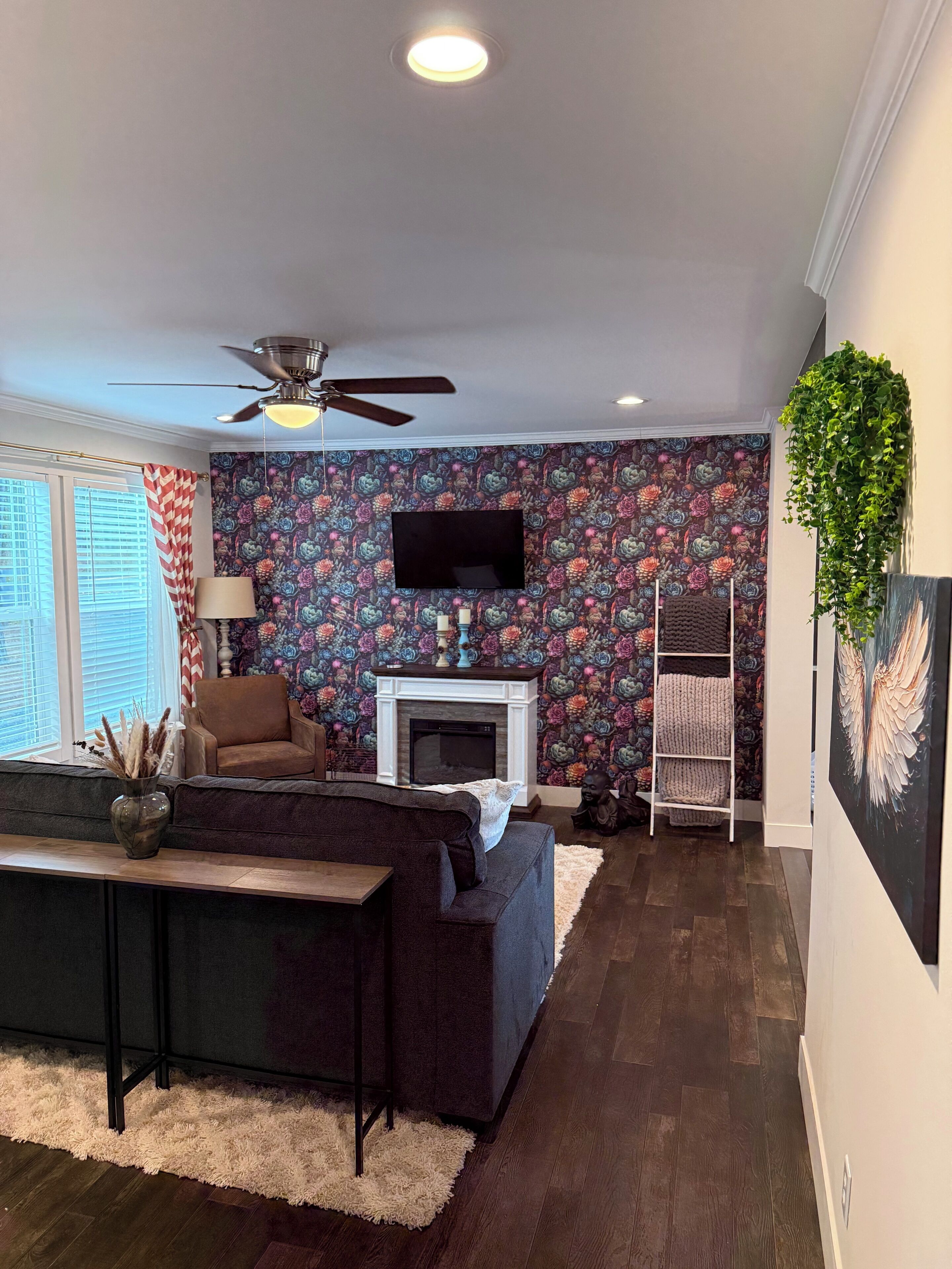 Smart TV, fireplace, books