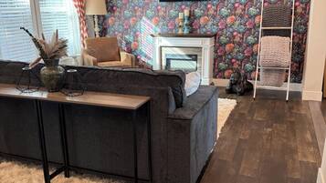 Smart TV, fireplace, books