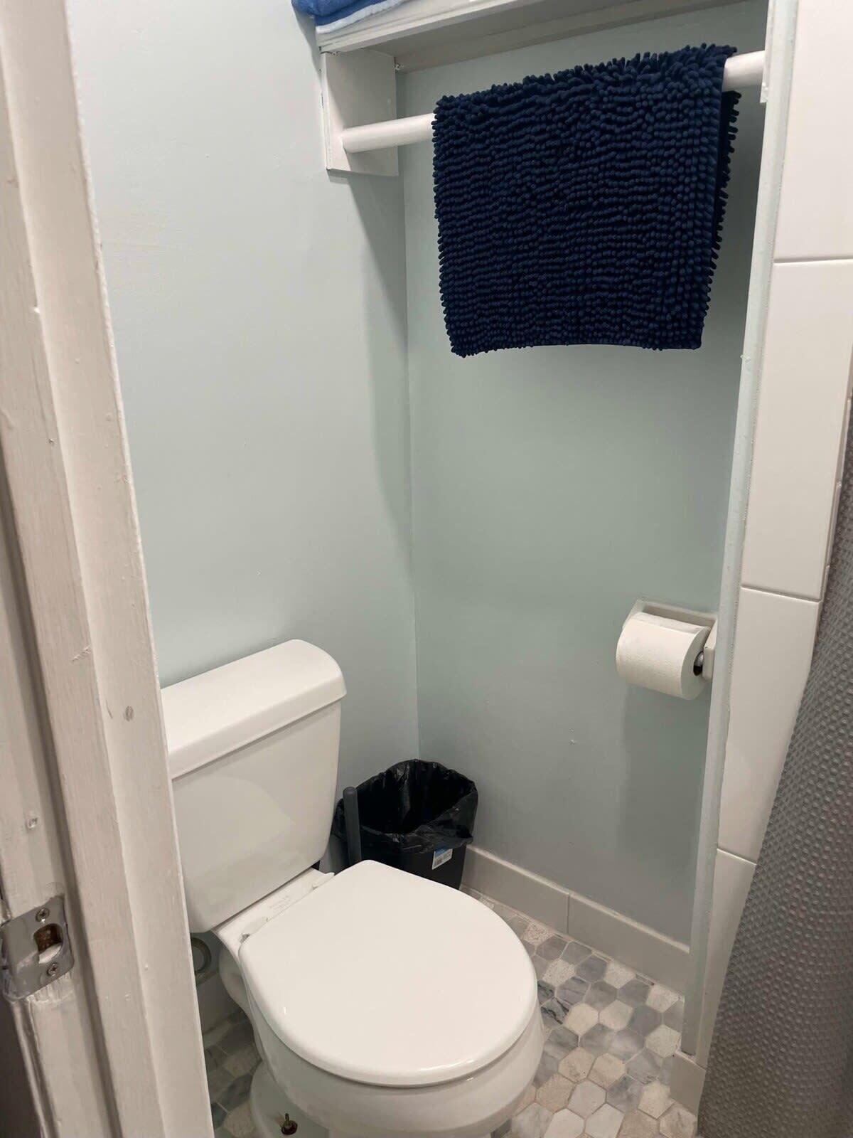 A small, compact bathroom with a white toilet, a black trash bin, and a blue bath mat hanging on the wall.