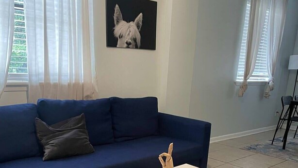 Un salon avec un canapé bleu, une table basse blanche et un tableau encadré accroché au mur.