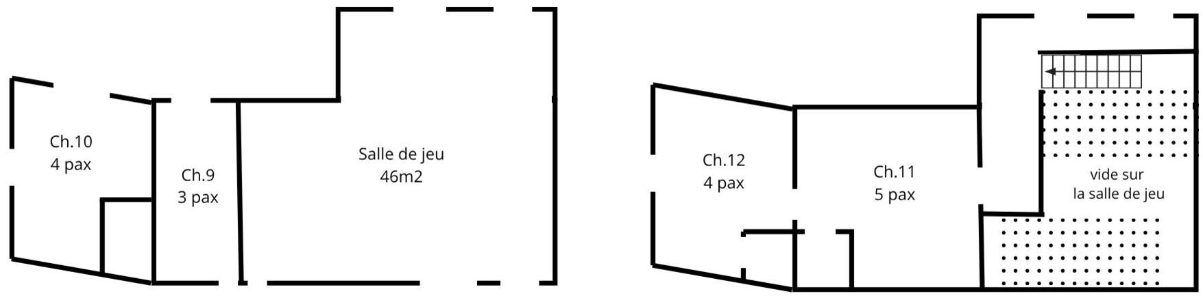 Ein Grundriss mit einem Spielzimmer, das 46 Quadratmeter groß ist, neben einem Zimmer für 4 Personen und einem Zimmer für 3 Personen.