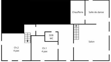 A hotel floor plan with a dining area, a dance hall, a kitchen, and two rooms labeled Ch.1 and Ch.2, each with 4 pax.