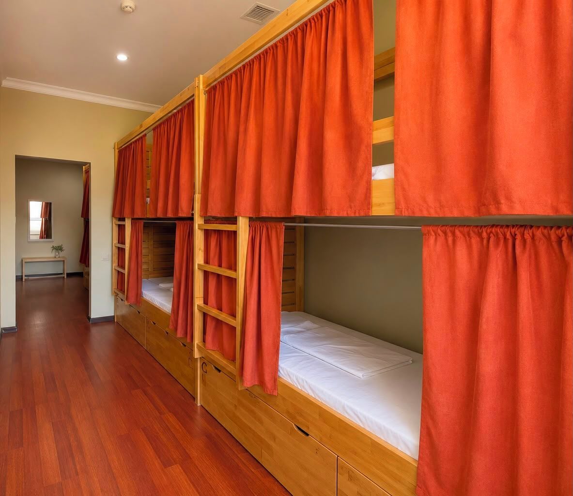 Ein Schlafsaalzimmer mit Etagenbetten, Holzboden und roten Vorhängen.
