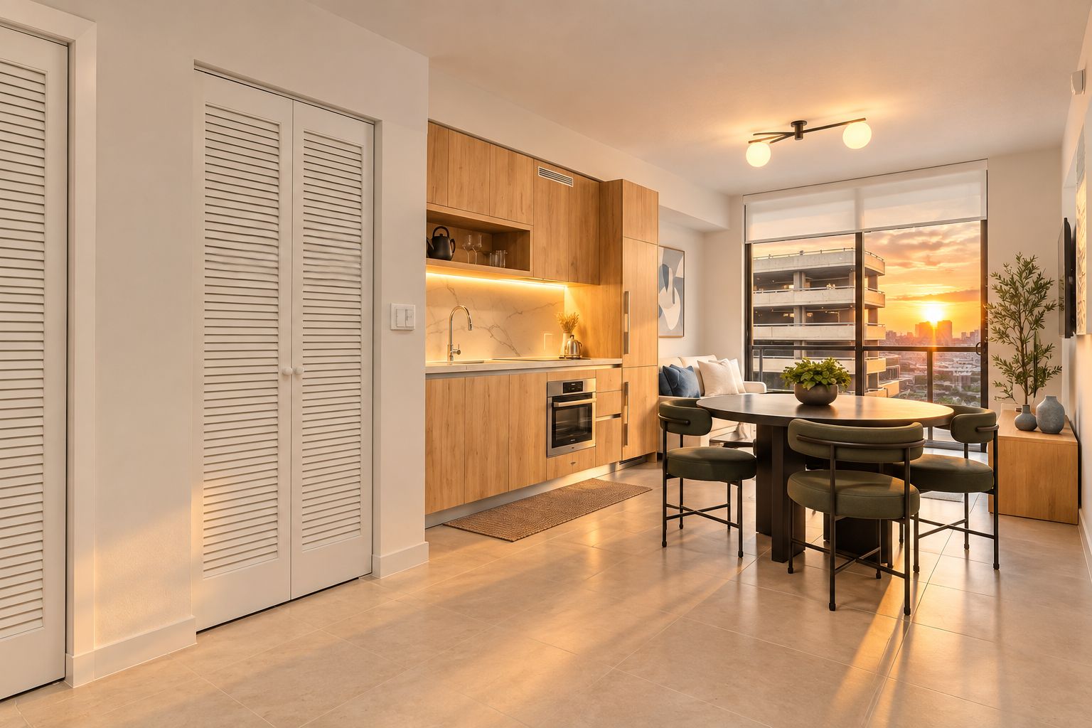A modern kitchen with wooden cabinets, a dining area with a round table and chairs, and a view of a sunset through large windows.