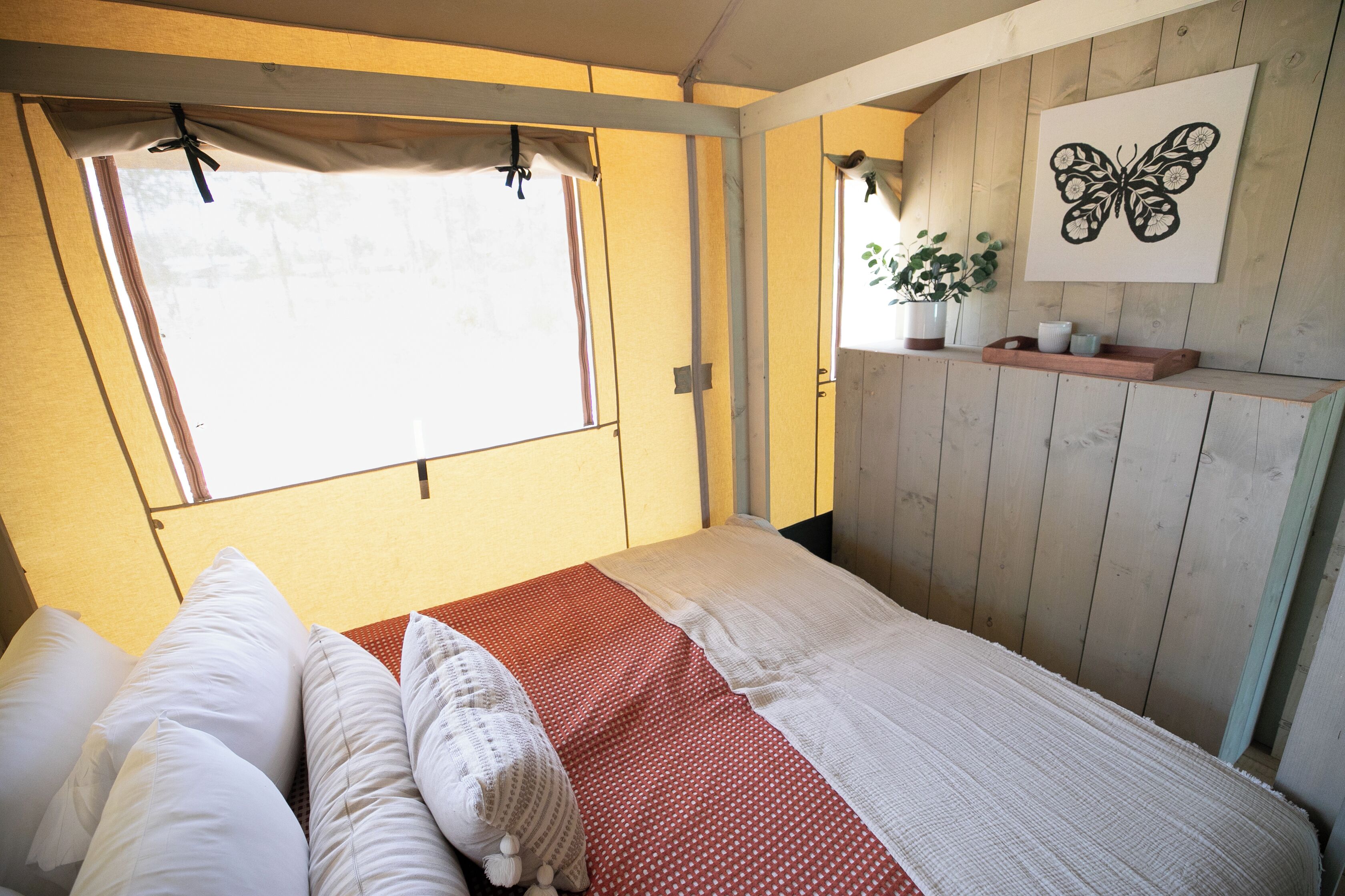 A bedroom with a bed, pillows, a window with curtains, a wall-mounted shelf with a plant, and a framed artwork.