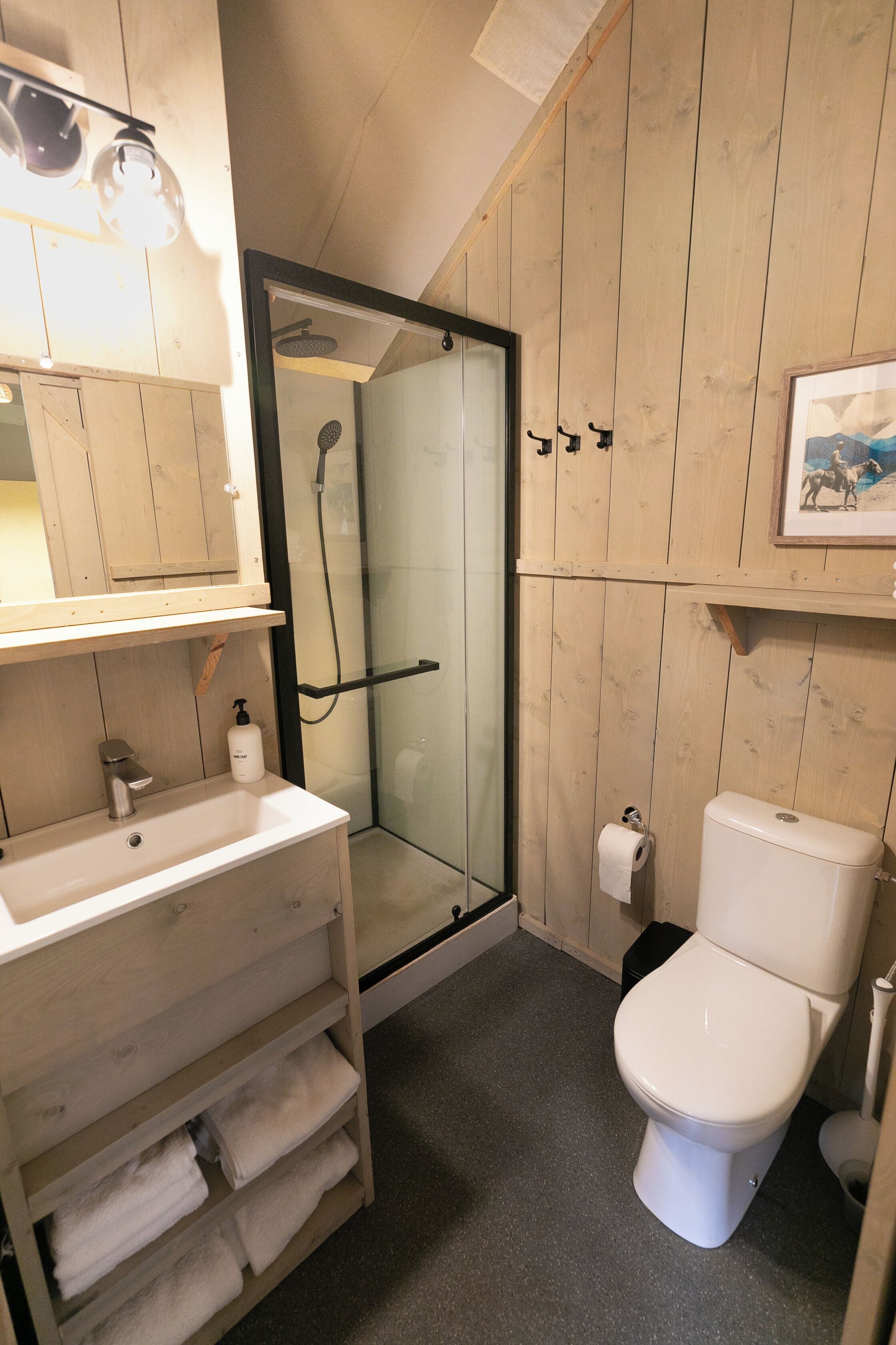 Deluxe Tent, Private Bathroom | Bathroom | Shower, towels, soap, shampoo