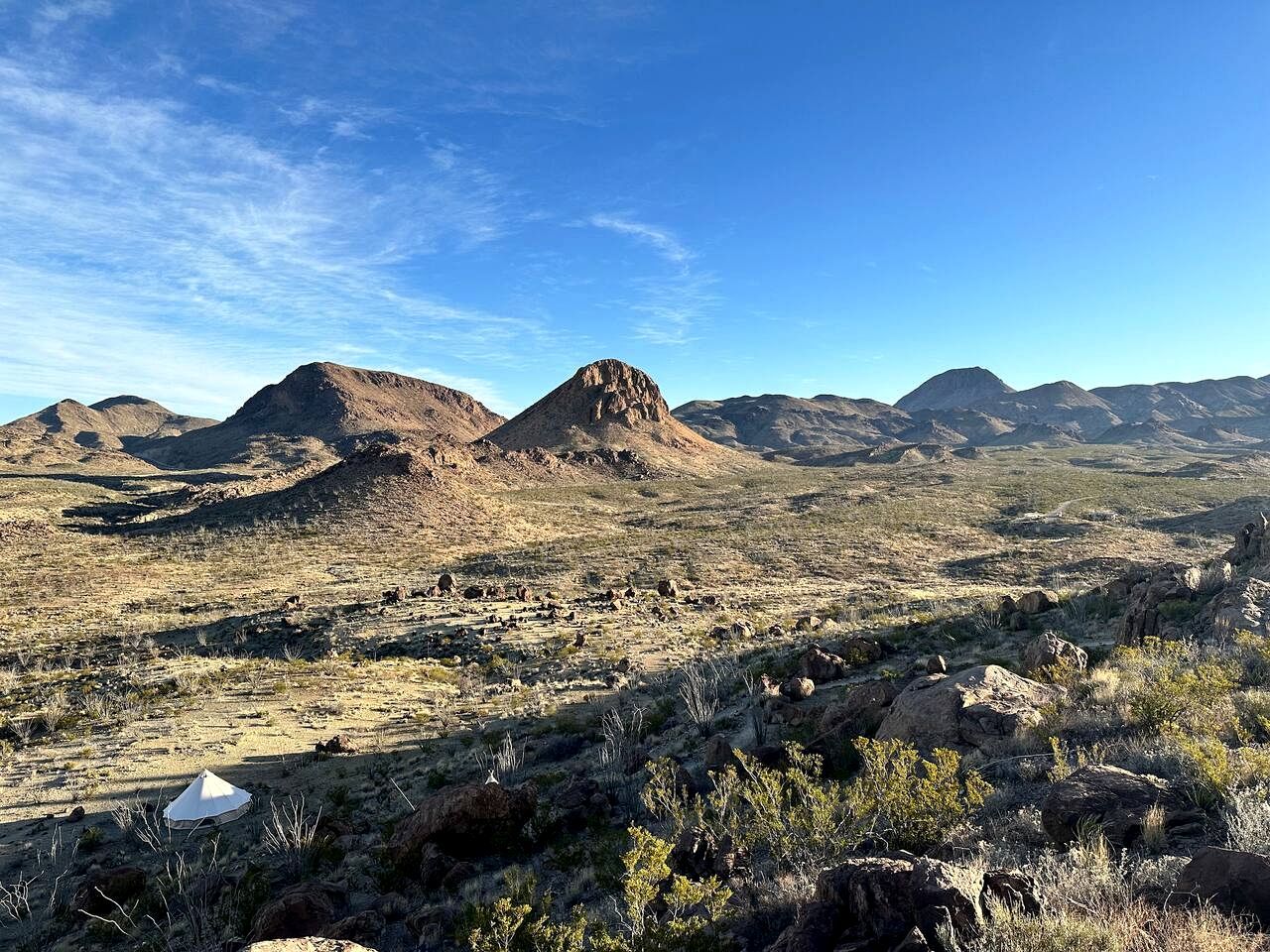 Paisaje desértico con terreno rocoso y vegetación escasa.
