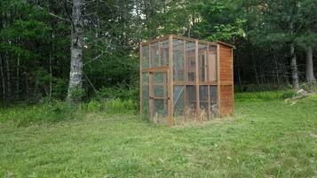 A wooden structure with a mesh roof in a grassy field with trees in the background.