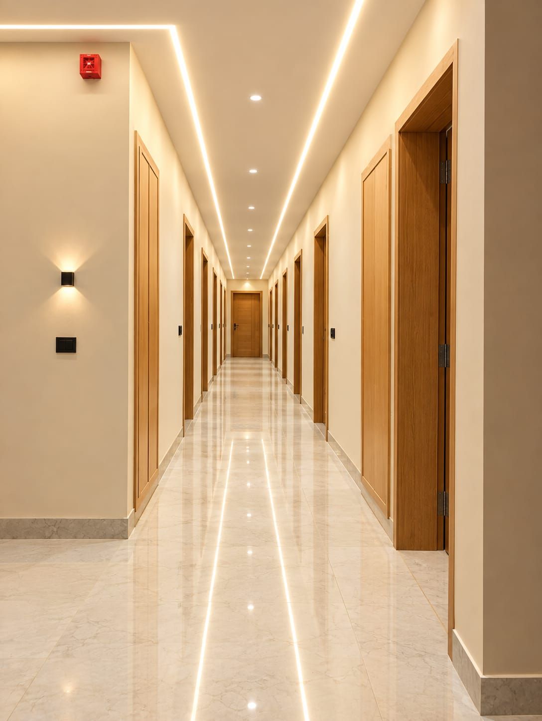 A hotel hallway with a long corridor, wooden doors, and a marble floor.