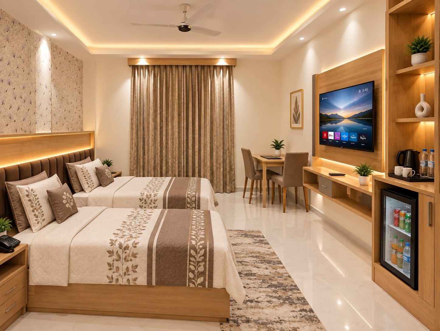 Habitació d'hotel moderna amb llit, escriptori, televisió i nevera petita.
