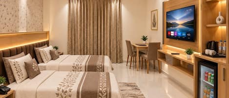 Una habitación de hotel moderna con cama, escritorio, televisor y mini refrigerador.