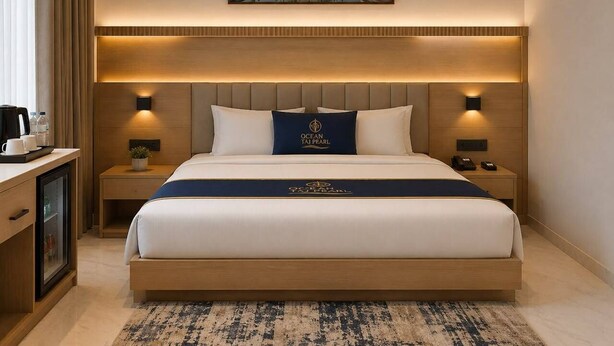 A hotel room with a large bed, two bedside tables, a nightstand, a desk with a coffee machine, and a framed picture of a building on the wall. - Hotel Ocean Pearl (Agra)