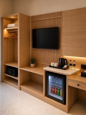 Quarto de hotel moderno com televisão de tela plana, minibar, pequeno frigorífico com bebidas e parede revestida em madeira.