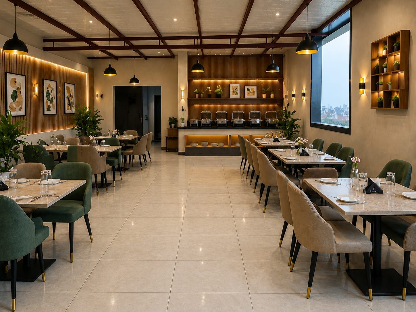 Un restaurant amb una àrea de menjador ampla, diverses taules i cadires. Hi ha un mostrador amb una presentació d'aliments i vista a la ciutat a través de grans finestres.