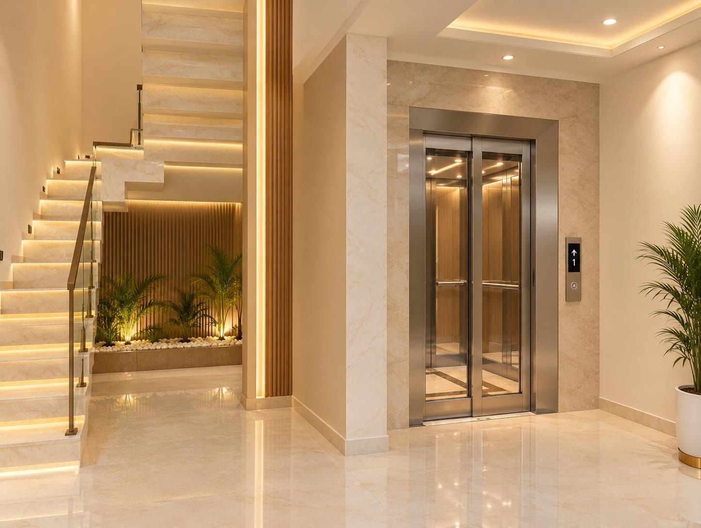 A modern elevator with a metallic finish, a staircase with illuminated steps, and a potted plant to the right.