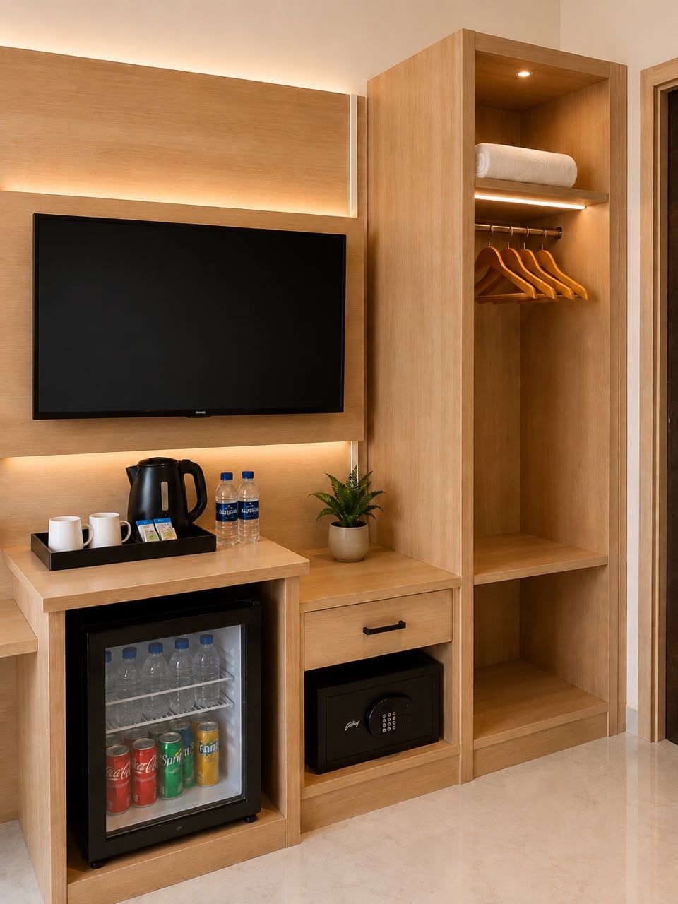 Une chambre d’hôtel équipée d’une télévision à écran plat, d’un minibar avec des boissons, d’un coffre-fort et d’un porte-manteau.