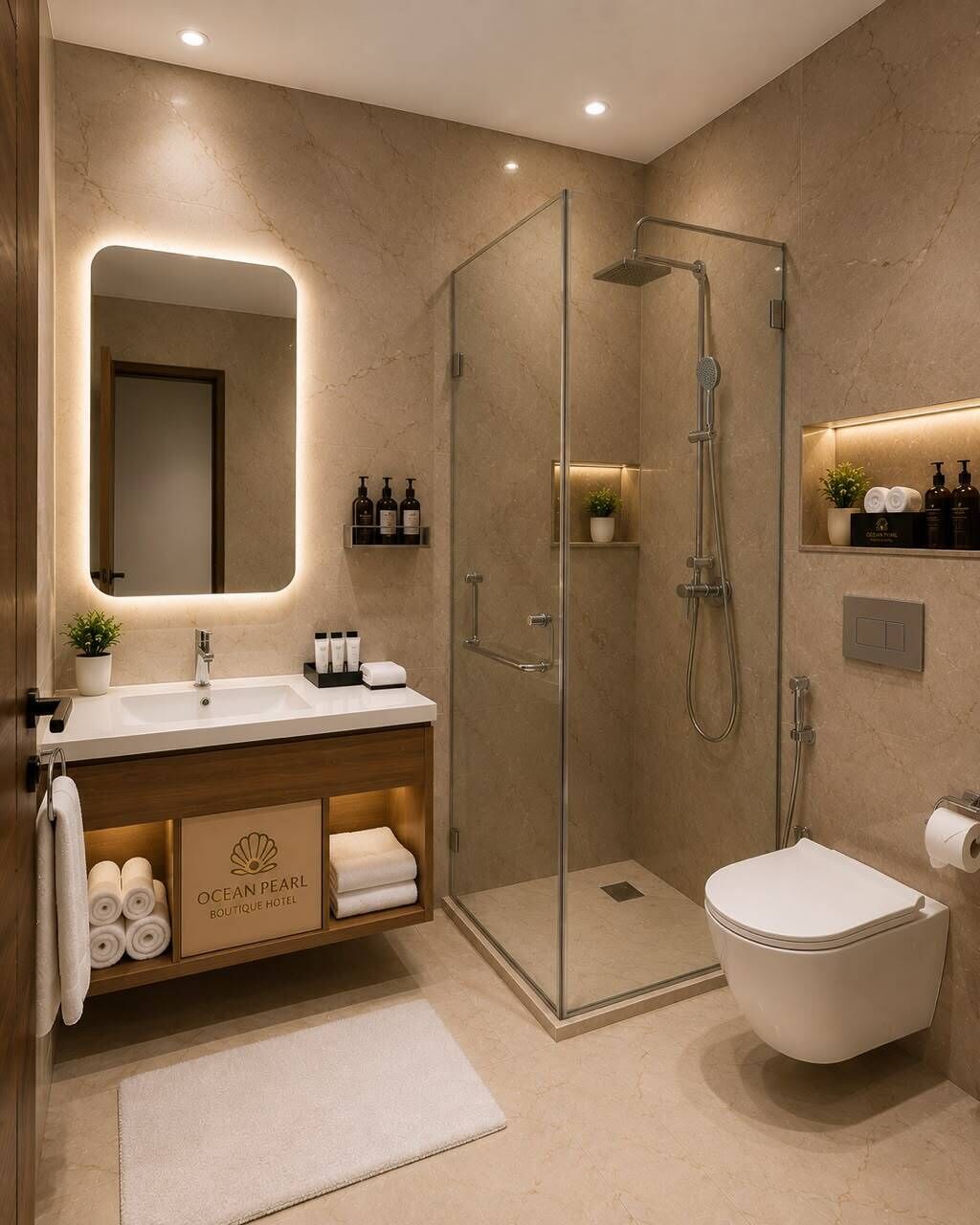 Shower, towels, soap, shampoo