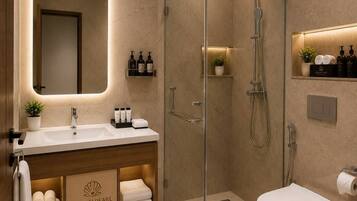 Shower, towels, soap, shampoo