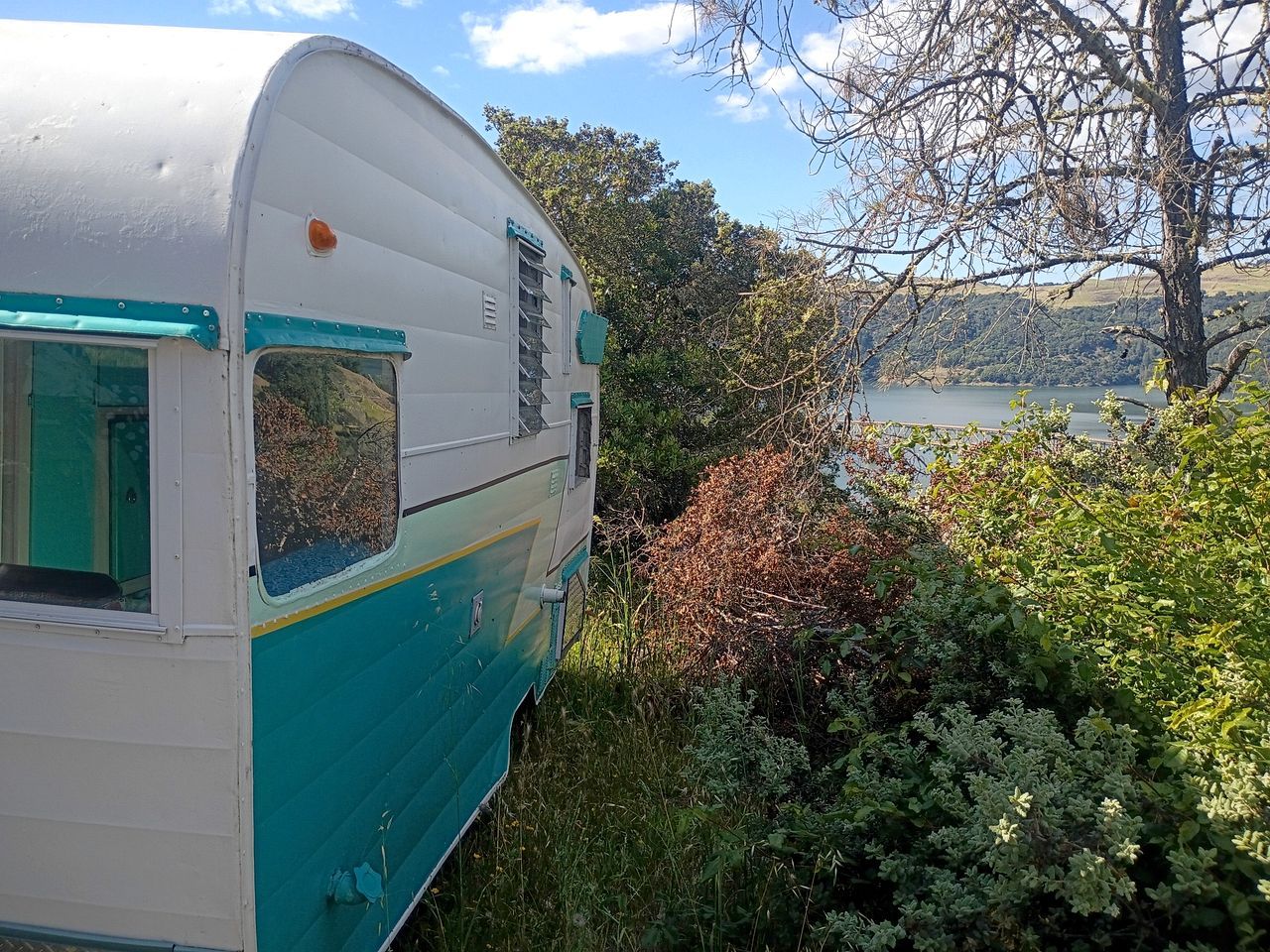 Una caravana antigua con una ventana y una puerta, rodeada de follaje denso y un cielo despejado.