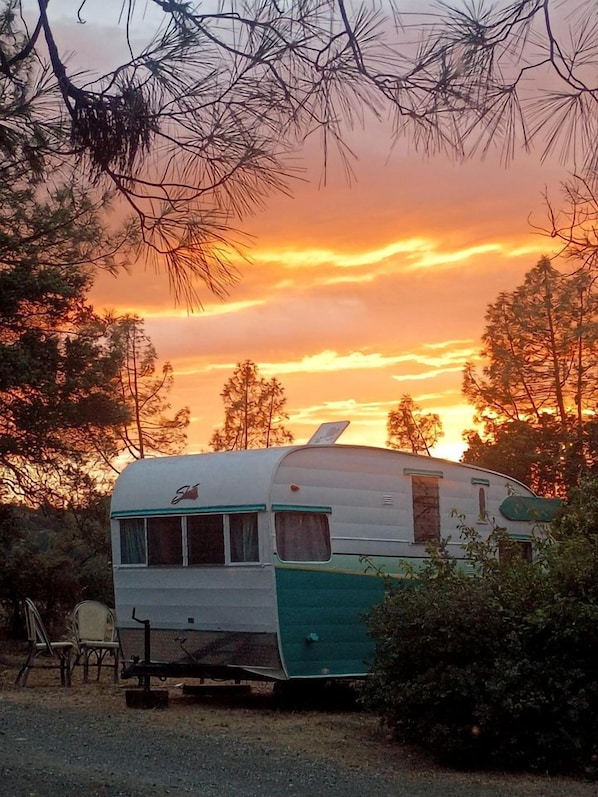 A vintage camper trailer parked in a natural setting with trees around.