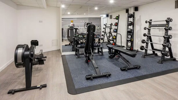 Ett gym med olika typer av träningsutrustning, inklusive en knäböjsställning, en bänkpress och viktskivor.