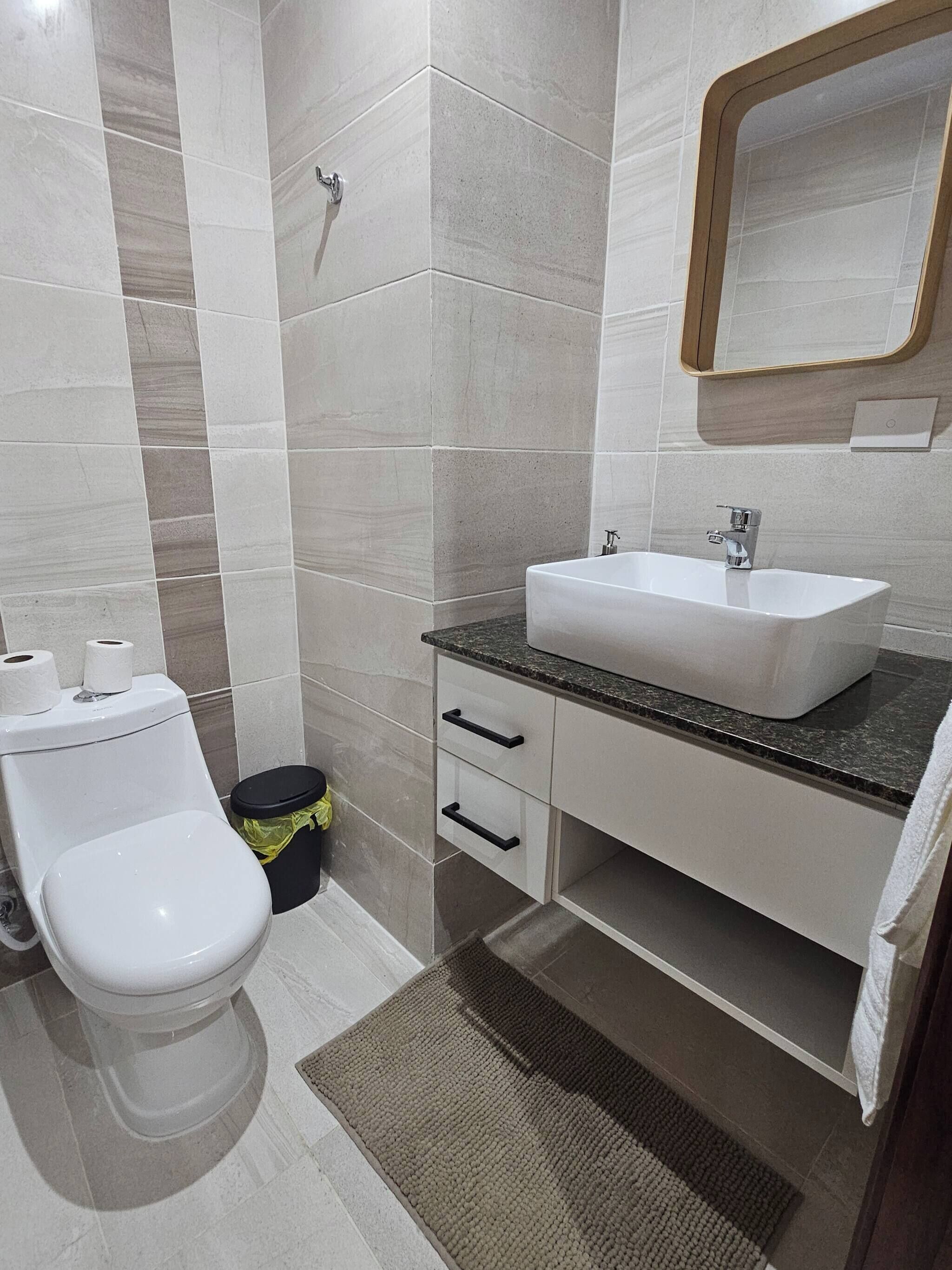 A bathroom with a toilet, bidet, sink, and mirror.