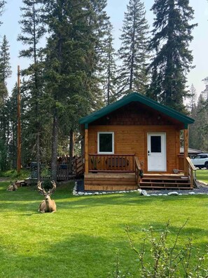 A wooden cabin with a green roof, surrounded by a grassy area and tall trees. - Two Pine Cabin (Rocky View County)