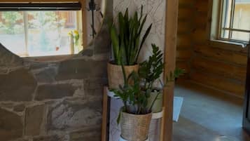 A room with a stone wall, a wooden ceiling, a window, and a plant stand with potted plants.