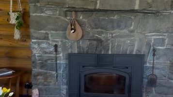 A stone fireplace with a mantel shelf, a hanging basket, and a painting of owls.
