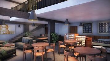 Un interior moderno con una escalera, zonas de estar y un menú de café en la pared.