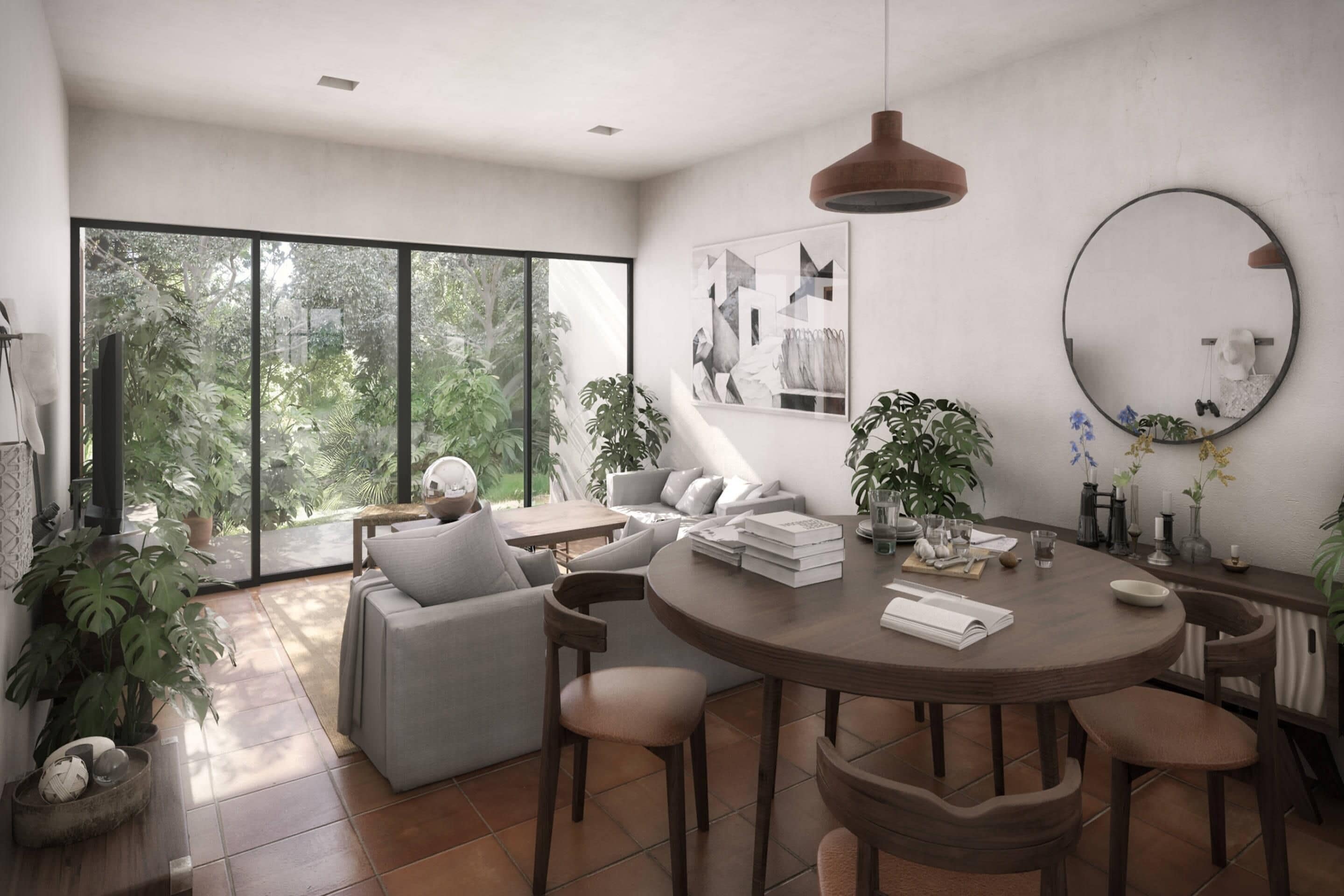 Un salón moderno con un ventanal grande, una mesa de comedor redonda y diversas plantas.