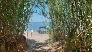 A pathway leading to a beach with umbrellas and beach chairs. - Two-room Apartment with Veranda and Garden 100m from the Sea - Villaggio Sole e Mare (Rio)