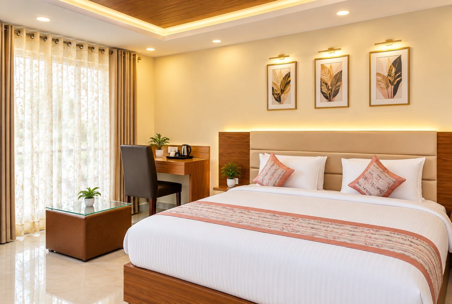 A hotel room with a large bed, a desk, and a chair. There are three framed artworks on the wall.