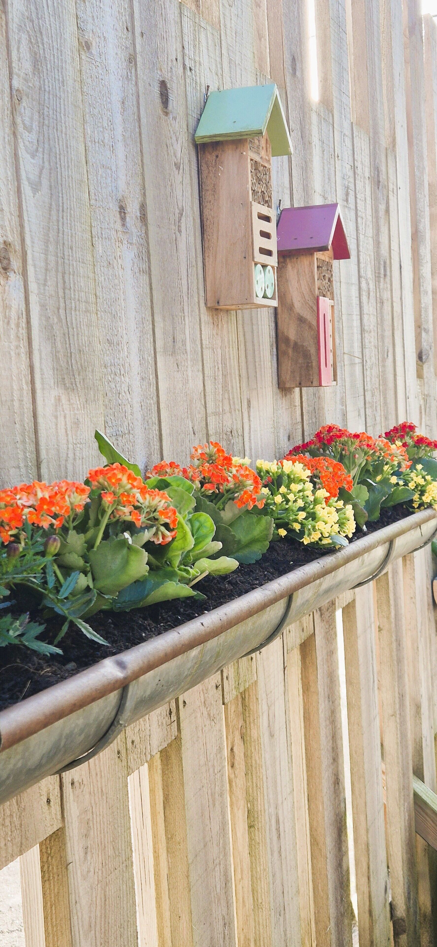 Un recinto di legno con casette per uccelli e un fioriere con fiori colorati.