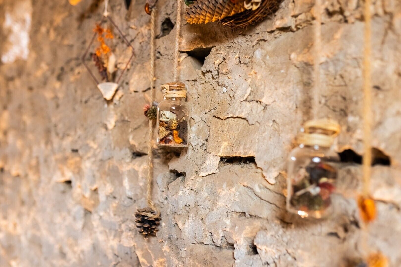 Un morceau d’écorce d’arbre, une bouteille en verre et une pomme de pin.