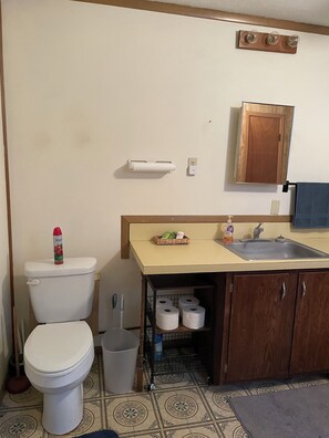 Regadera, toallas, jabón, papel de baño 