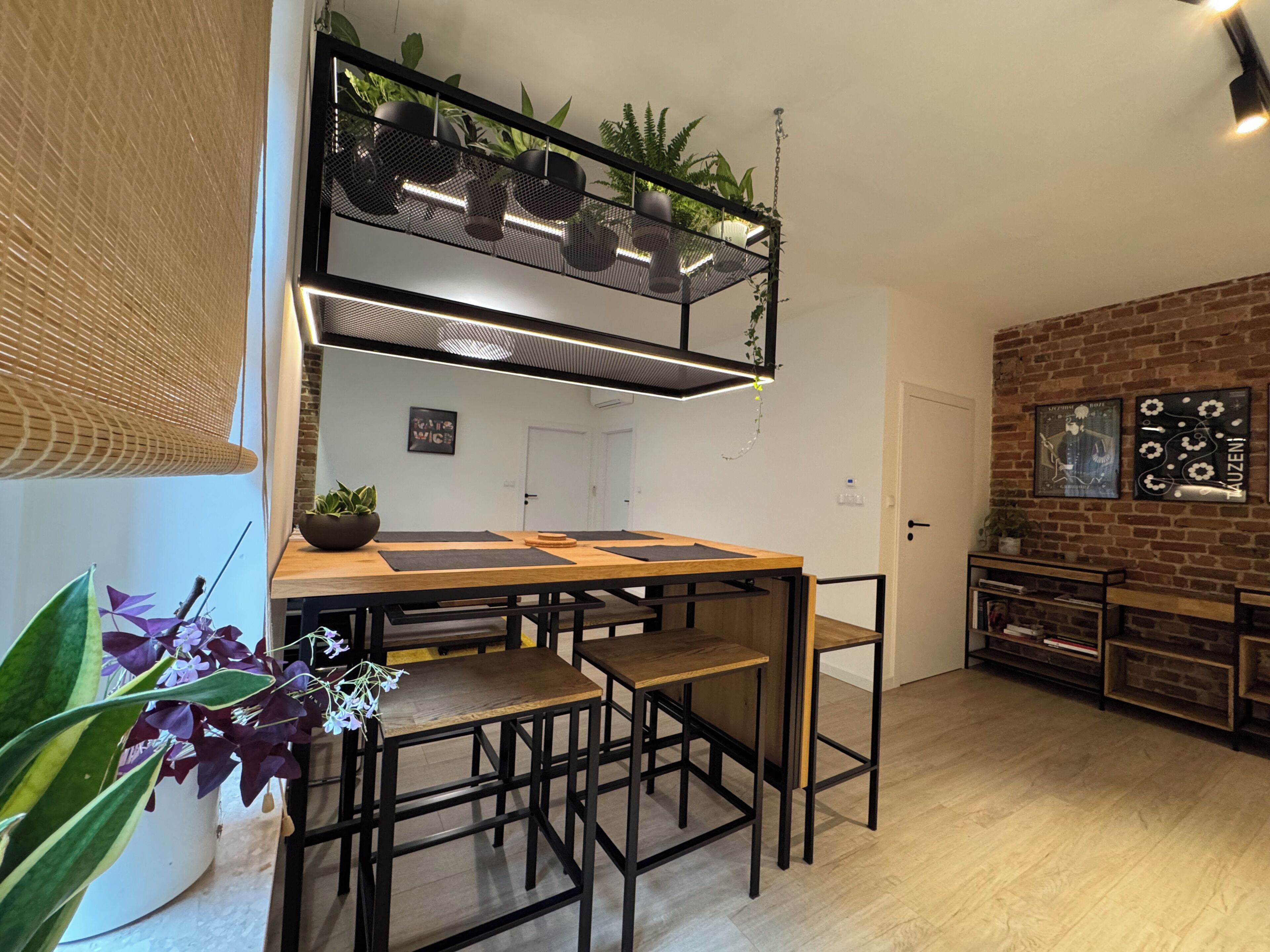 A modern kitchen with a wooden table, black chairs, and a hanging plant shelf.