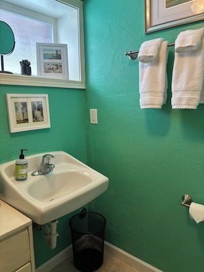 A bathroom with a sink, a mirror, a framed picture, and a towel rack.