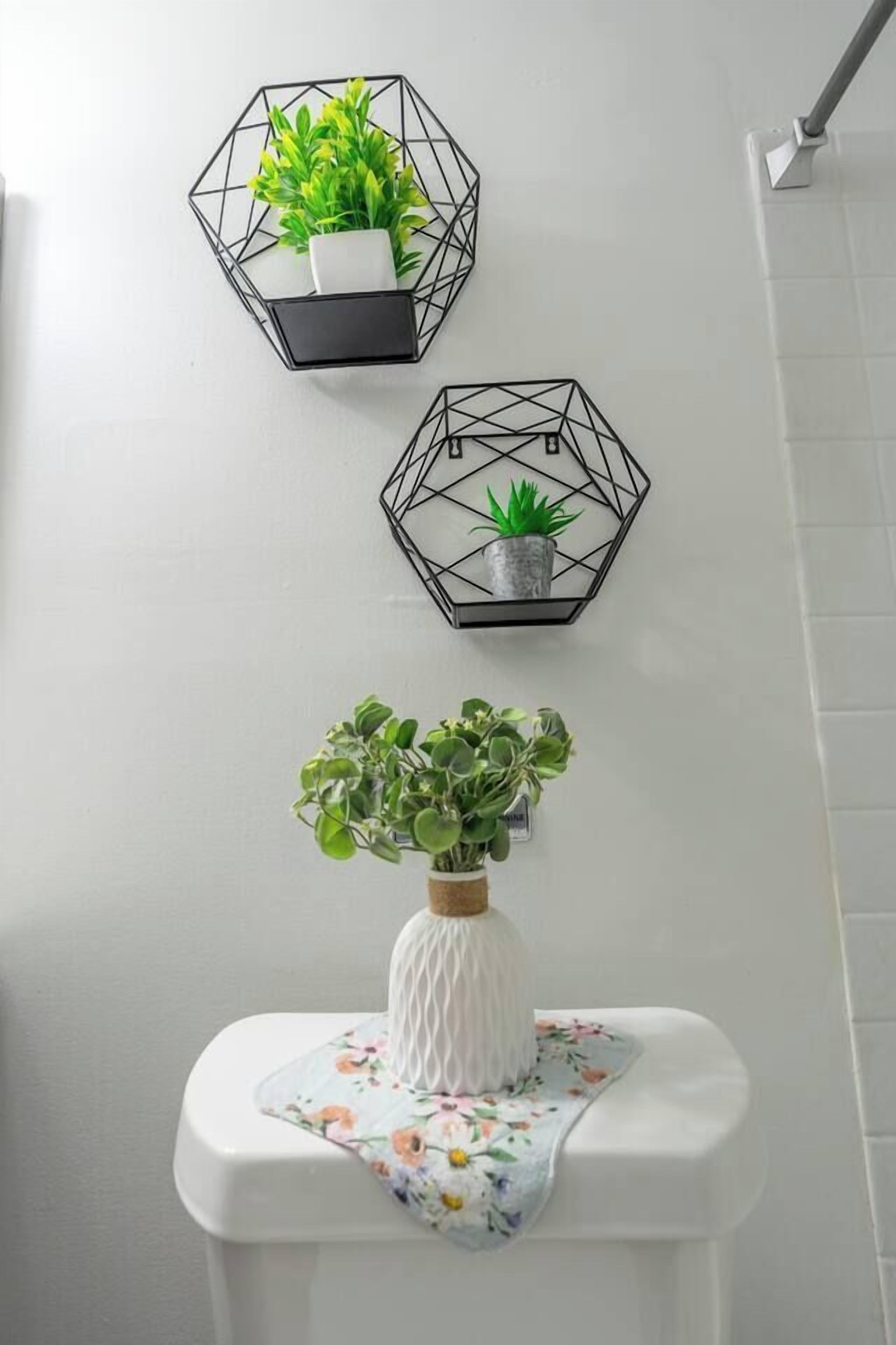 A bathroom with a white toilet, a floral-patterned tissue holder, and two geometric wall-mounted shelves with plants.